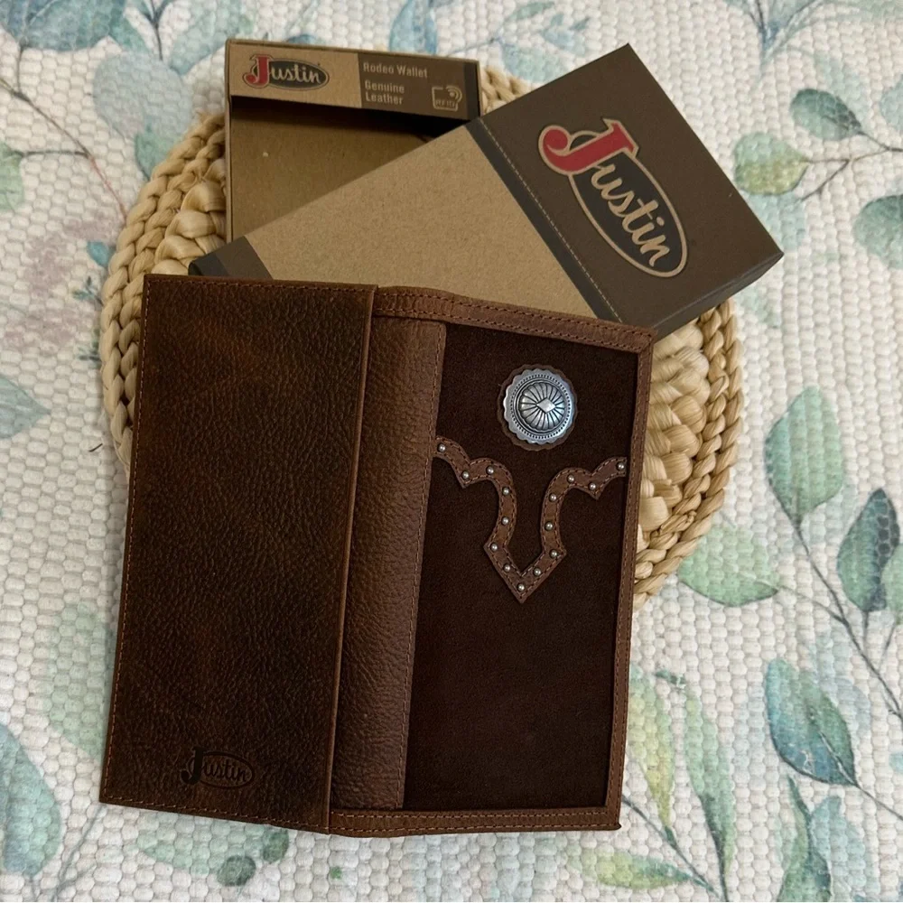 New Justin Boots Dark Brown Slim Bi Fold Leather Jr. Rodeo Wallet NIB